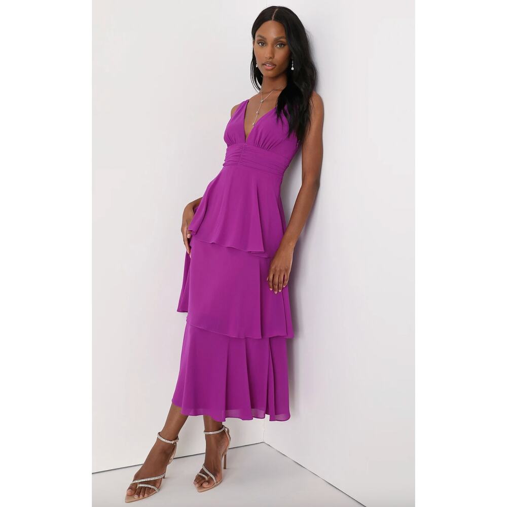 Lulu's Magenta Tiered V-Neck Midi Dress
